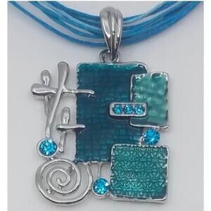 BARCELONA Enameled Turquoise Rhinestone Silver Tone Pendant Necklace